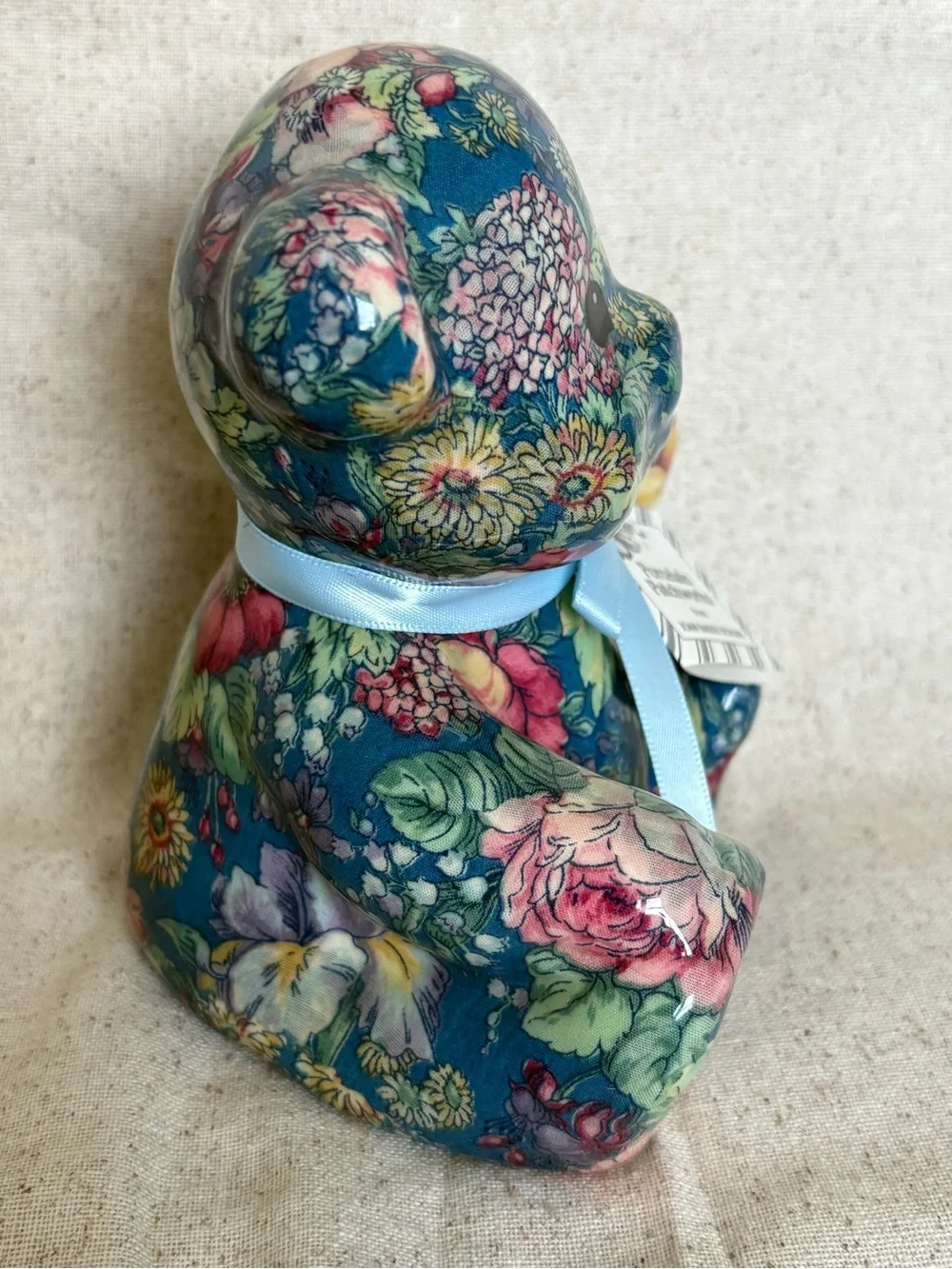 Joan Baker Porcelain Patchworks Teddy Bear Figurine with Blue Floral Pattern